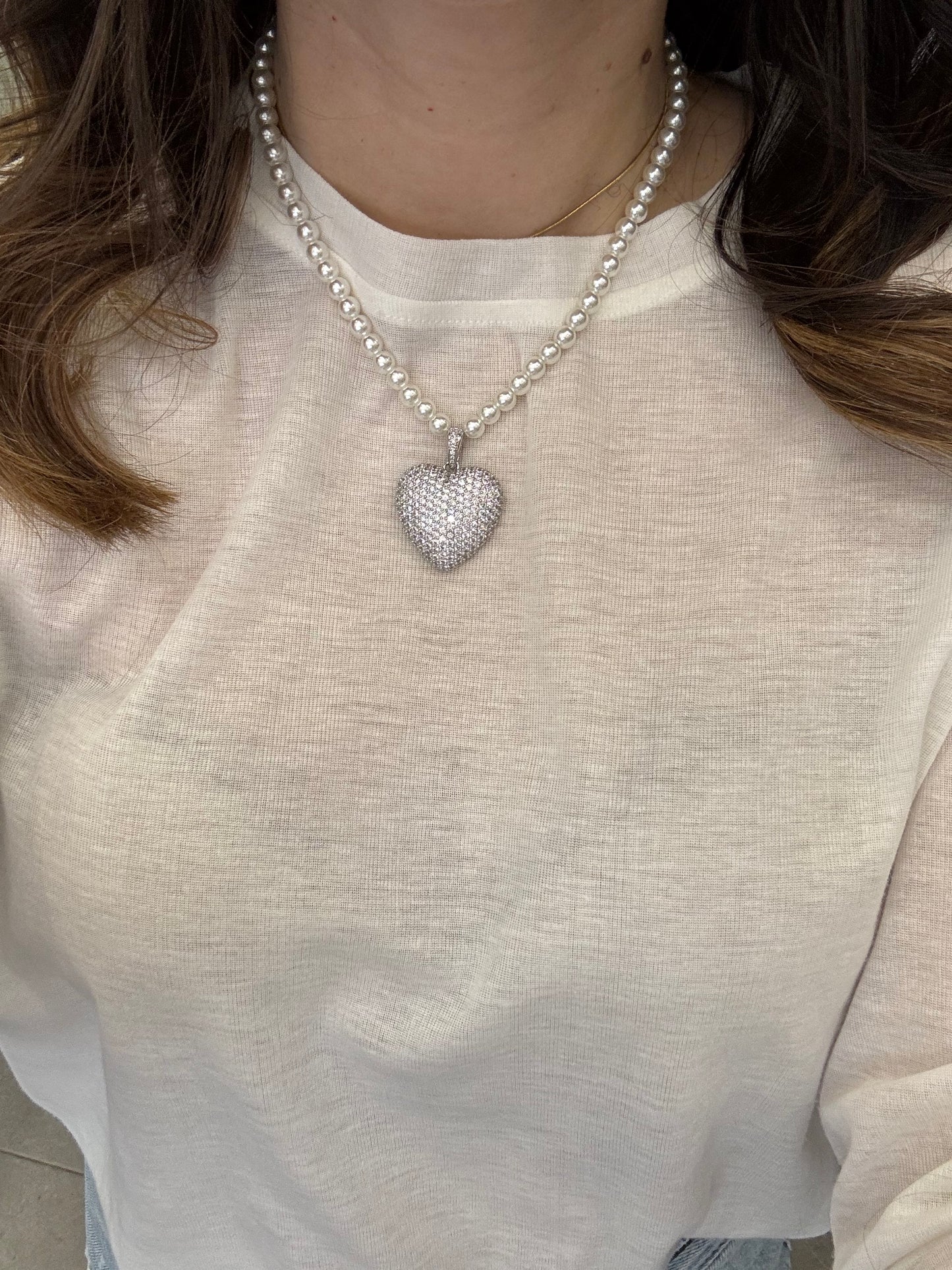 Collana perla con cuore pavè big