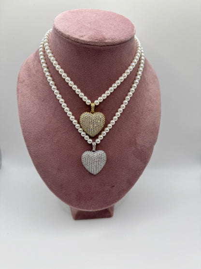Collana perla con cuore pavè big